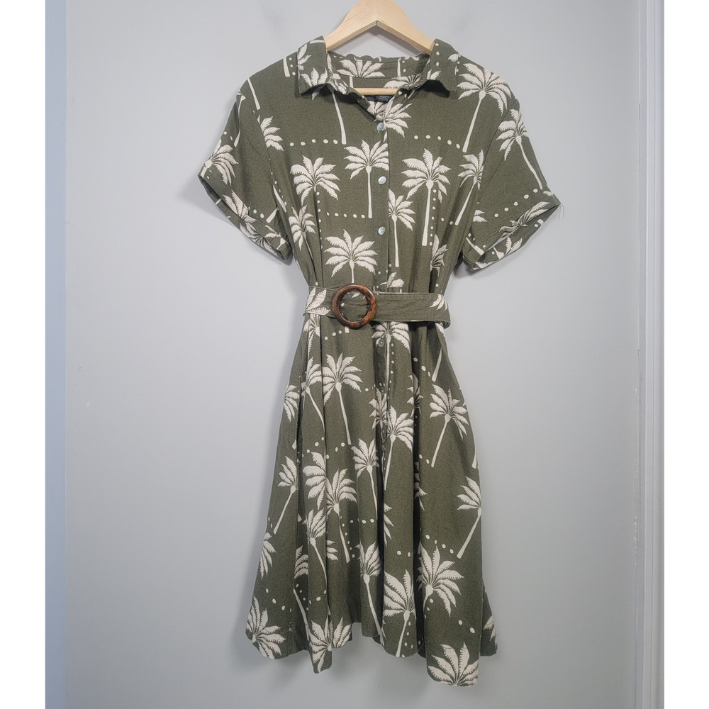 Tahari Womens L Short Sleeve Linen Blend Palm Print Belted Shirt Dress Green